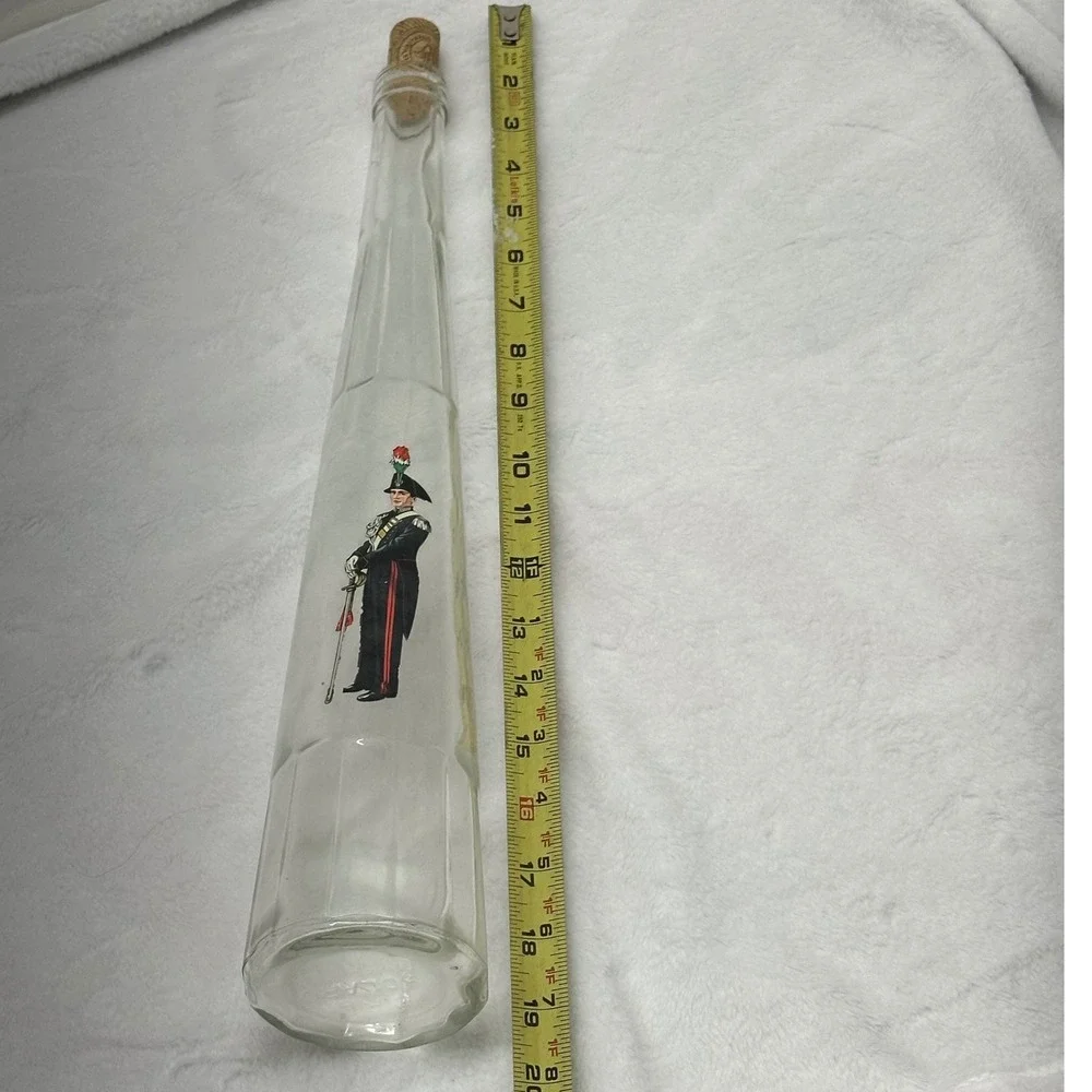 Bolaro Glass Decanter Italy Clear Tall Soldier Graphic FacetedBase Excellent Vtg